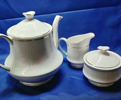 Vintage PALMS Fine Bone China Tea Coffee Set White Ribbed Gold Trim Spout Pot - Thumbnail 5
