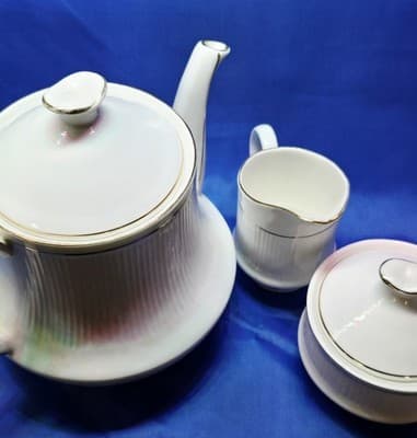 Vintage PALMS Fine Bone China Tea Coffee Set White Ribbed Gold Trim Spout Pot - Thumbnail 3