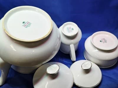 Vintage PALMS Fine Bone China Tea Coffee Set White Ribbed Gold Trim Spout Pot - Thumbnail 2