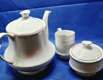 Vintage PALMS Fine Bone China Tea Coffee Set White Ribbed Gold Trim Spout Pot - Thumbnail 4
