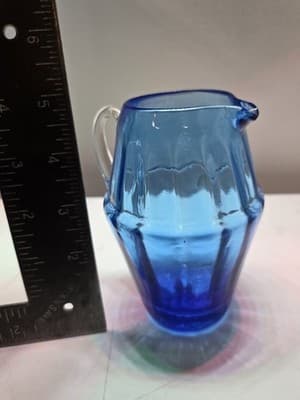 Vintage Hand Blown Cobalt Blue Glass Pitcher Creamer Rough Pontil Clear Handle - Thumbnail 8
