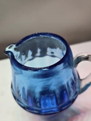Vintage Hand Blown Cobalt Blue Glass Pitcher Creamer Rough Pontil Clear Handle - Thumbnail 2