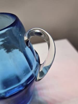 Vintage Hand Blown Cobalt Blue Glass Pitcher Creamer Rough Pontil Clear Handle - Thumbnail 3