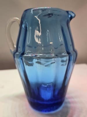 Vintage Hand Blown Cobalt Blue Glass Pitcher Creamer Rough Pontil Clear Handle - Thumbnail 6