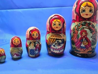 Signed Russian Nesting Dolls Matryoshka 5pc Little Red Riding Hood Fairy Tale
