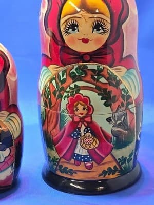Signed Russian Nesting Dolls Matryoshka 5pc Little Red Riding Hood Fairy Tale - Thumbnail 2