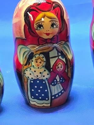 Signed Russian Nesting Dolls Matryoshka 5pc Little Red Riding Hood Fairy Tale - Thumbnail 4