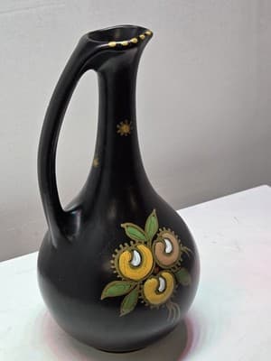 Vintage 1962 Gouda Holland Matte Black Handled Pitcher Vase – Hand-Painted &Sign - Thumbnail 2