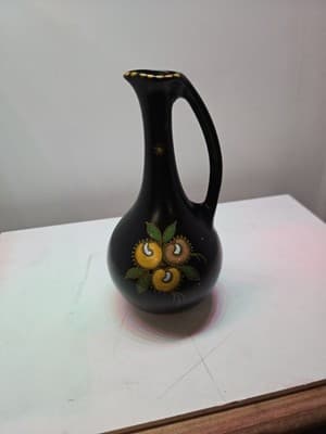 Vintage 1962 Gouda Holland Matte Black Handled Pitcher Vase – Hand-Painted &Sign - Thumbnail 6