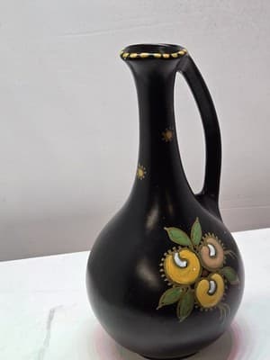 Vintage 1962 Gouda Holland Matte Black Handled Pitcher Vase – Hand-Painted &Sign - Thumbnail 3