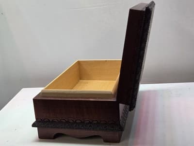 Vintage Polish Pyrography Wooden Box Hand Carved Brass Inlay Folk Art Poland - Thumbnail 4
