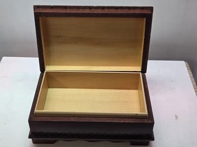 Vintage Polish Pyrography Wooden Box Hand Carved Brass Inlay Folk Art Poland - Thumbnail 3