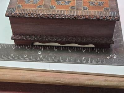 Vintage Polish Pyrography Wooden Box Hand Carved Brass Inlay Folk Art Poland - Thumbnail 8