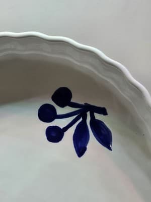 Vintage Hand Paint Ceramic Quiche Dish Tart Pan Fluted Blue Olive Pattern Italy - Thumbnail 6