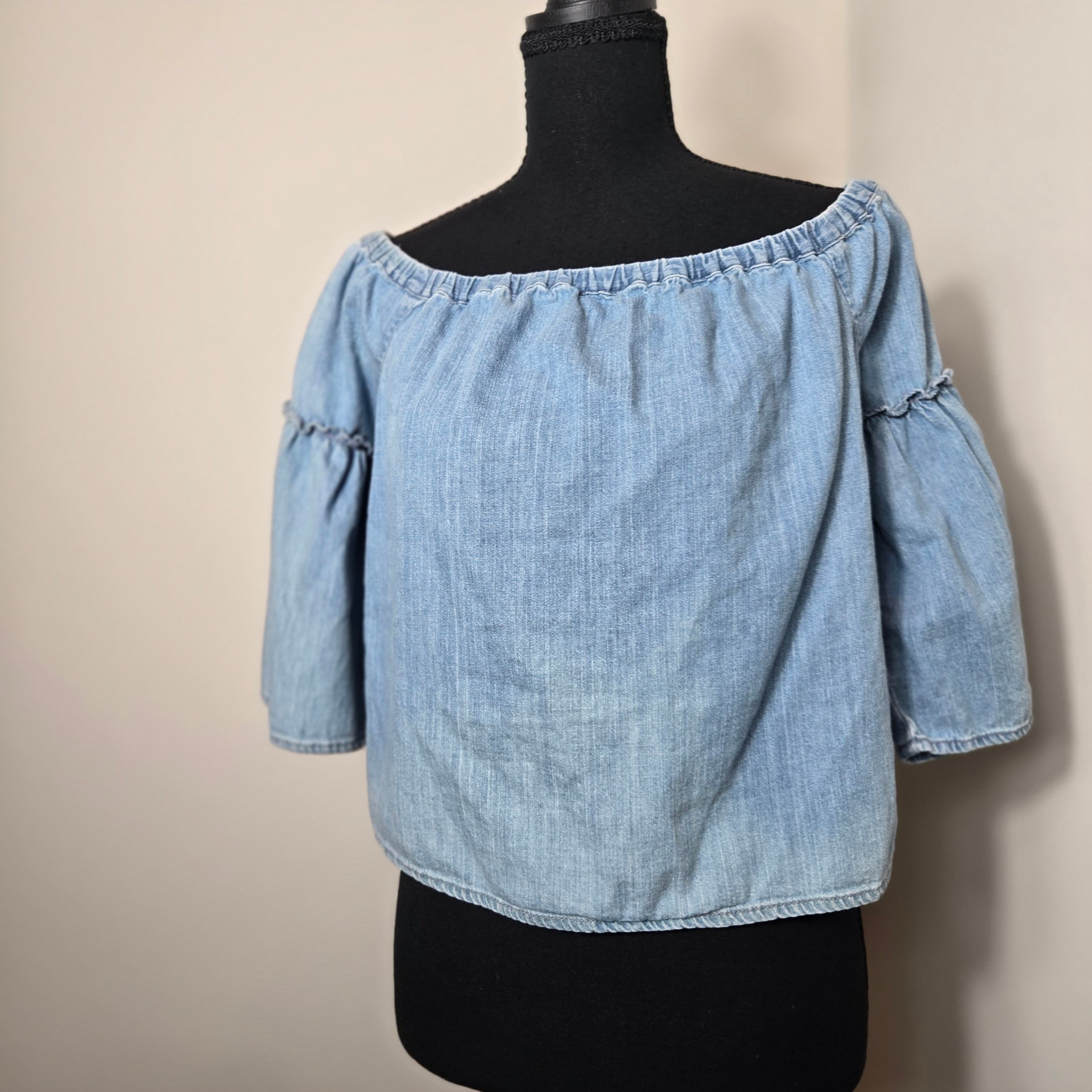 Denim Off-Shoulder Top with 3/4 Sleeves