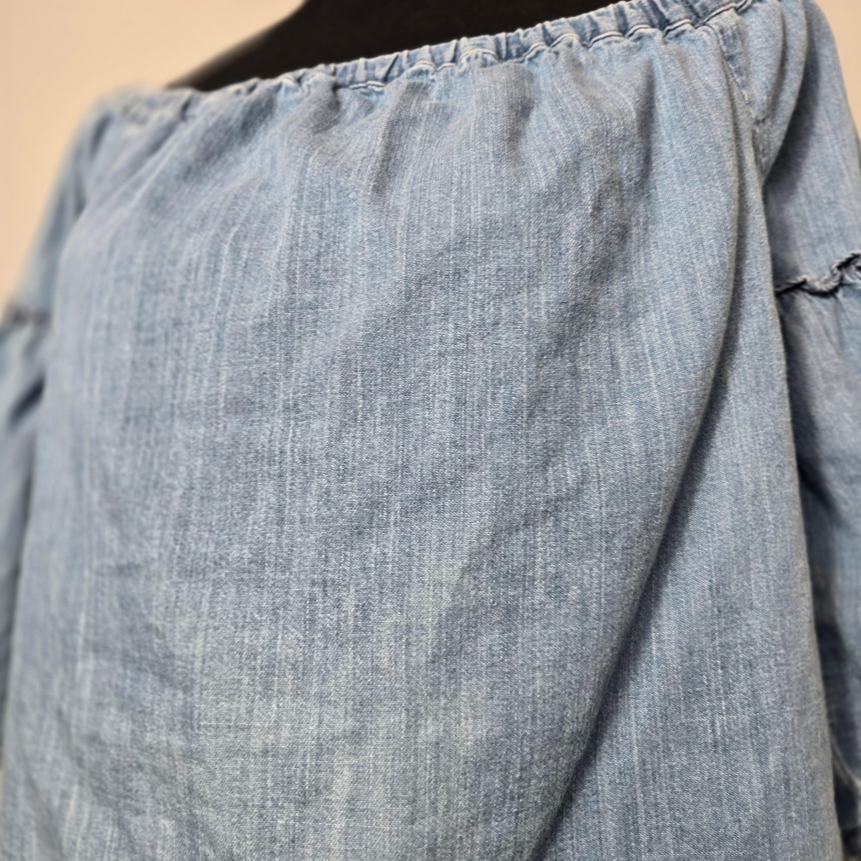 Denim Off-Shoulder Top with 3/4 Sleeves - Thumbnail 4