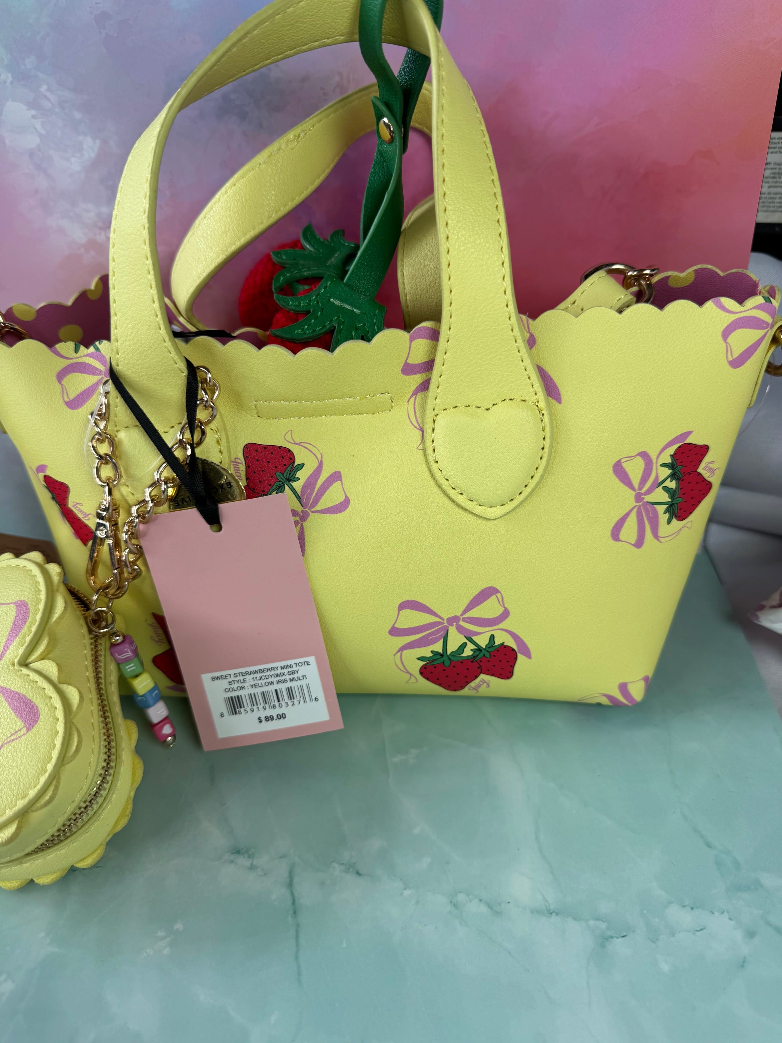 ★ Betsey Johnson Sweet Strawberry Mini Tote Bag NWT Charm Yellow Pink - Thumbnail 6