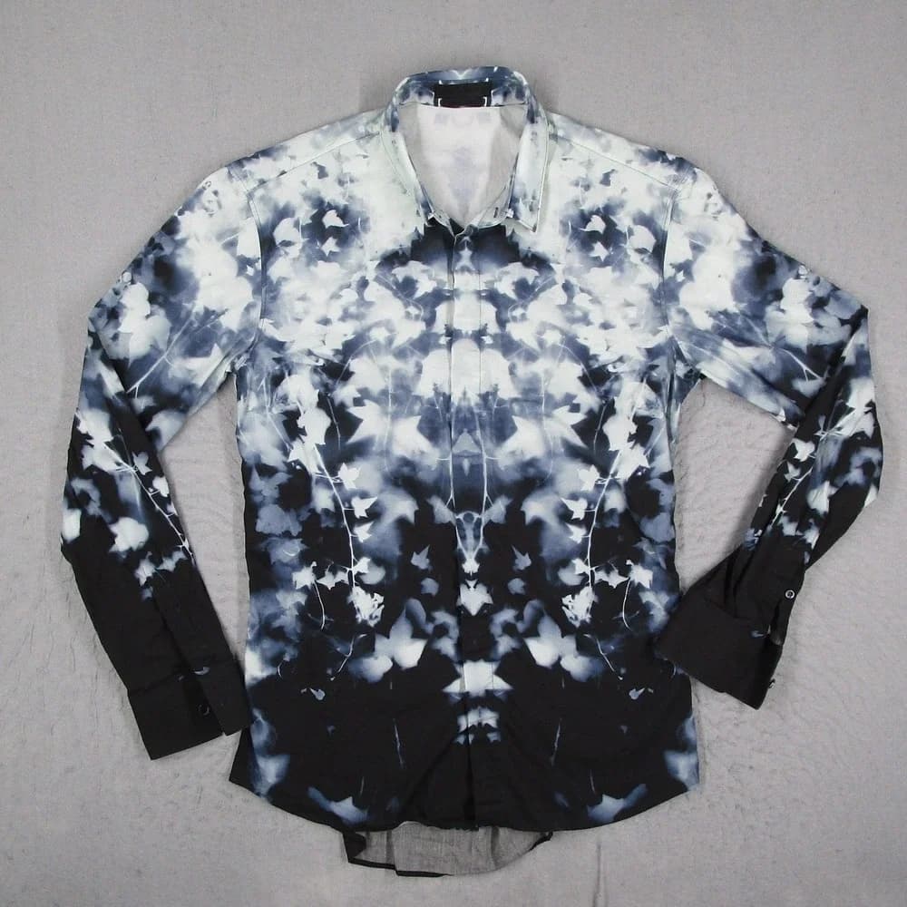 Alexander McQueen Mens Leaf Print Button Up Shirt Black White Italy 50