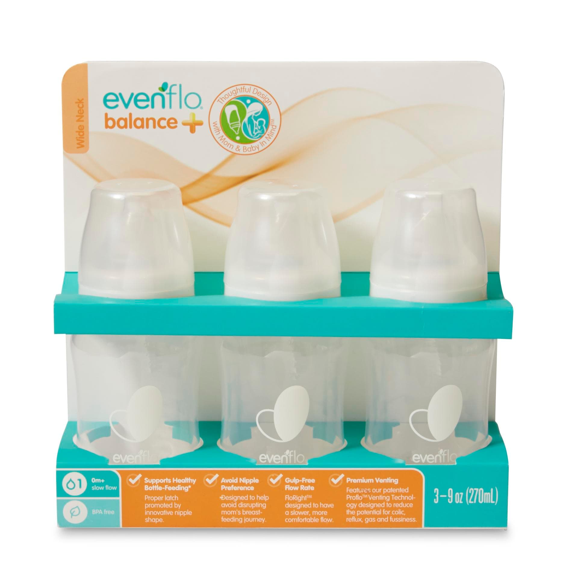 Evenflo 3pk Balance Wide-Neck Anti-Colic Baby Bottles - 9oz: BPA-Free, Silicone Nipple, Level 1 - Slow Flow - Thumbnail 3