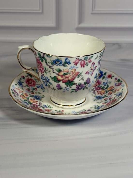 Vtg CROWN STAFFORDSHIRE Fine Bone China Cup & Saucer Floral Pattern Gold Trim - Thumbnail 7