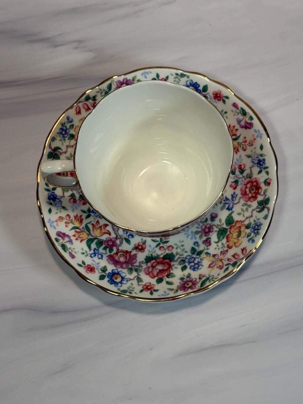 Vtg CROWN STAFFORDSHIRE Fine Bone China Cup & Saucer Floral Pattern Gold Trim - Thumbnail 3