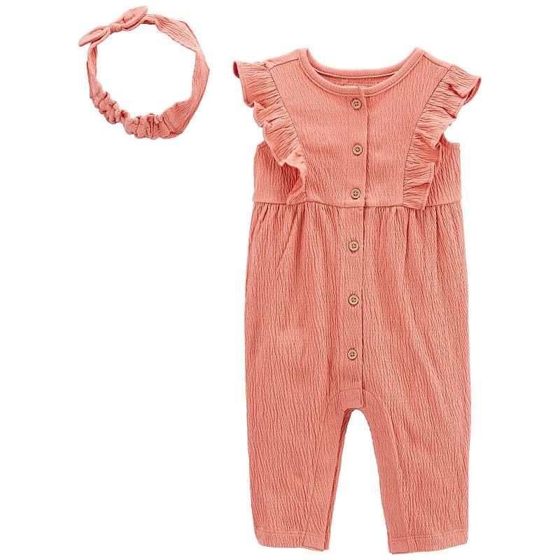 Carter's Baby Girls Crinkle Jersey Jumpsuit and Headwrap, 2 Piece Set - Pink - Thumbnail 2