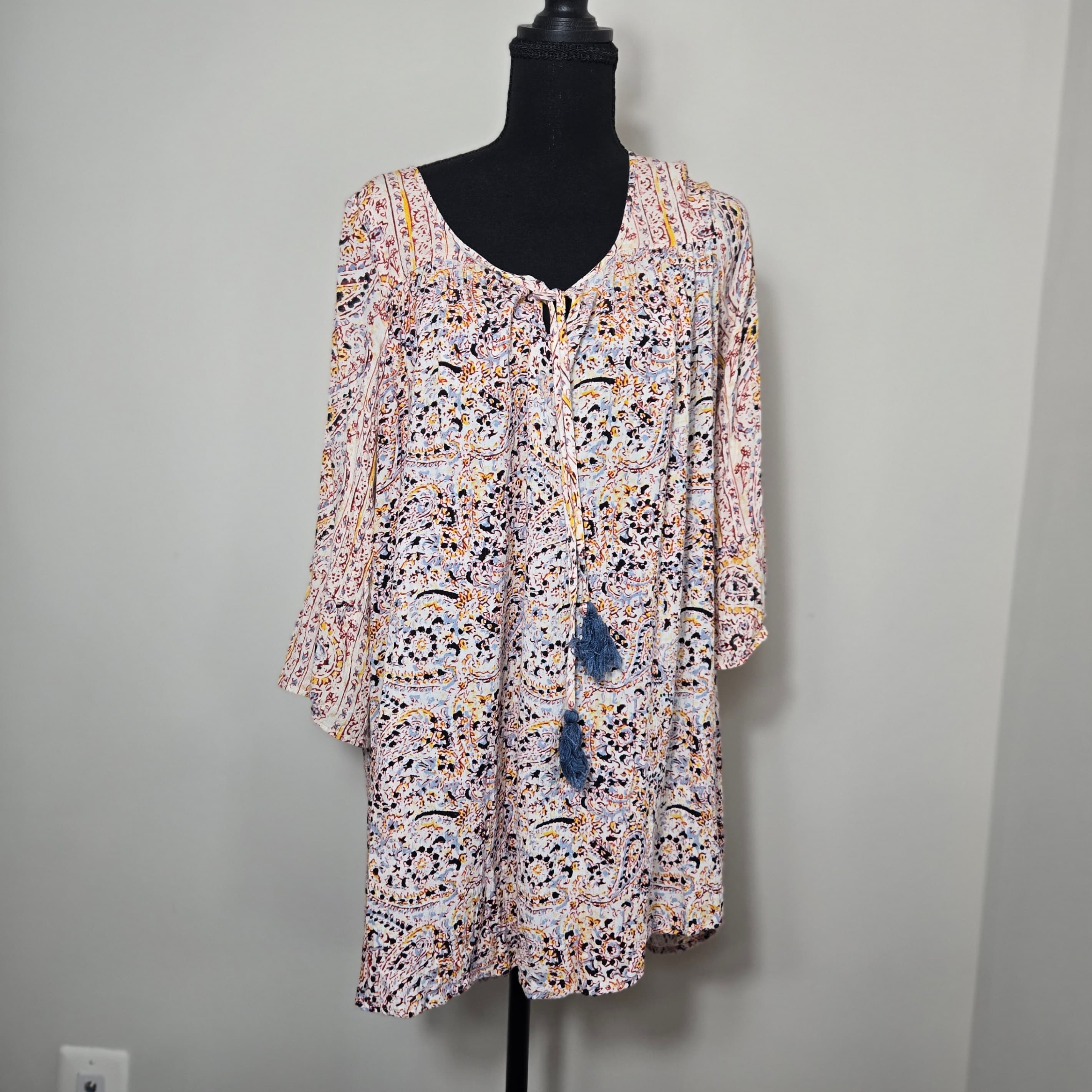 Boho Paisley Print Tunic Dress with Tassels Size M