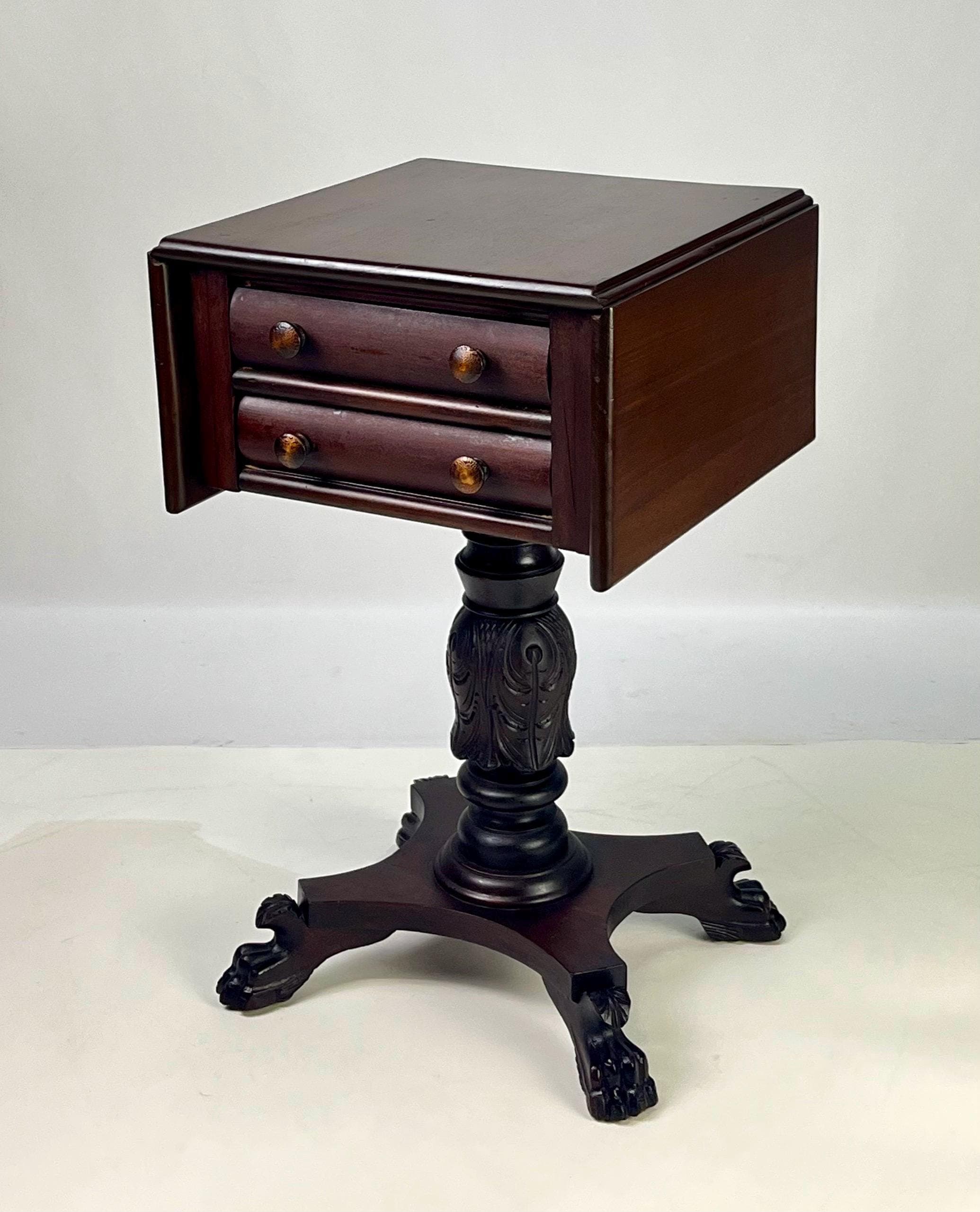19th Century Empire Style Mahogany Drop-Leaf Work Table or Side Table