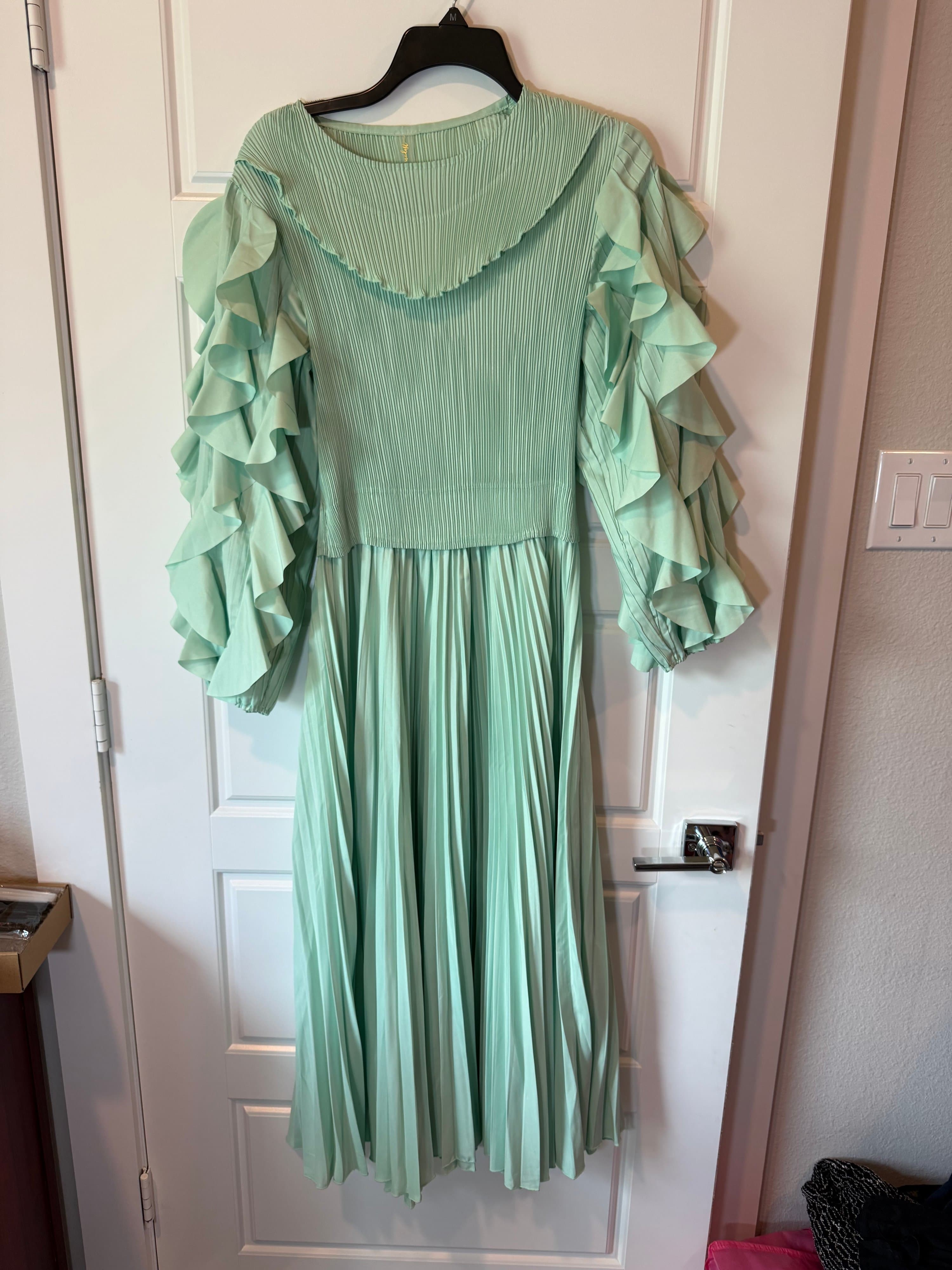 Oh So Modest Pleated Ruffle Sleeve Dress