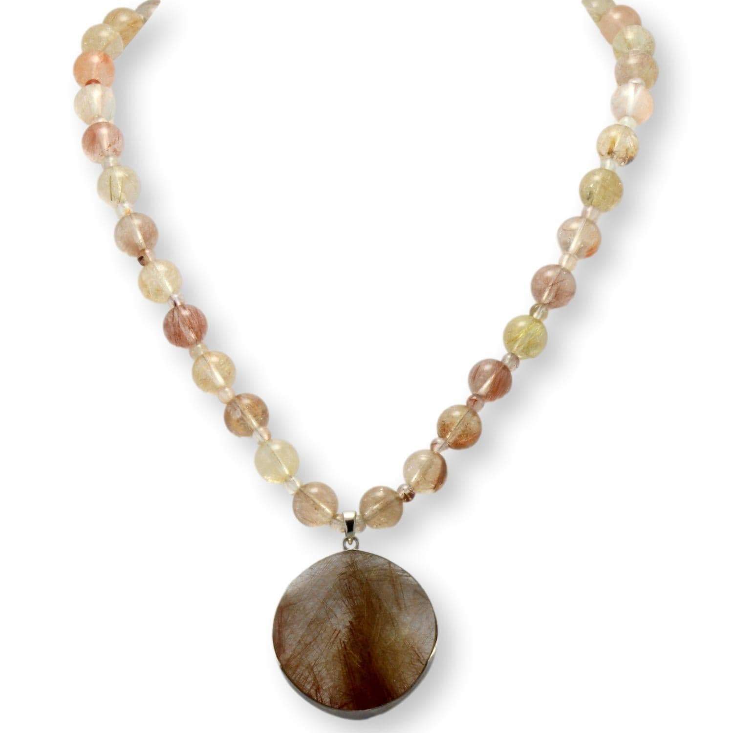 Natural Rutilated Quartz Beaded Necklace with Sterling Silver Rutilated Quartz Pendant - 17"-18" - Thumbnail 2