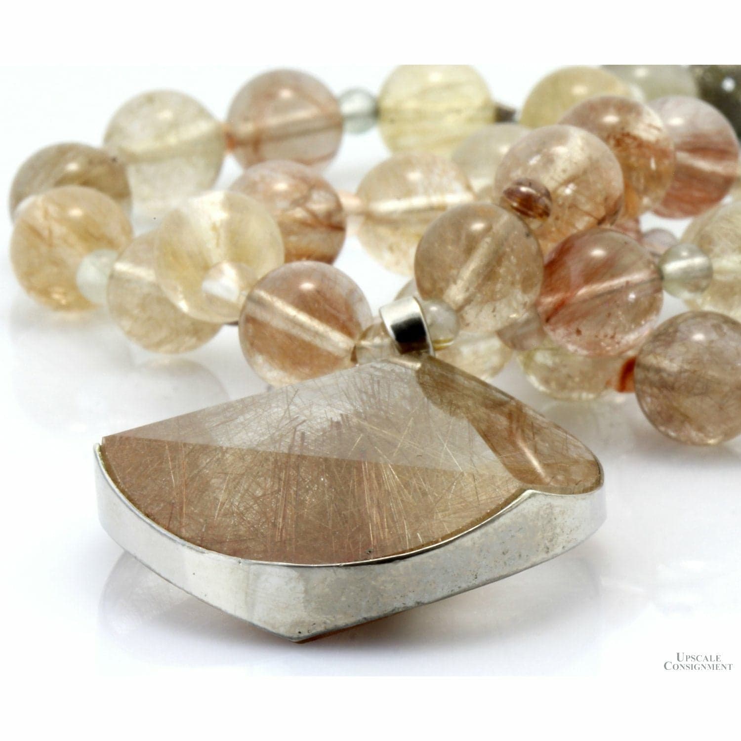 Natural Rutilated Quartz Beaded Necklace with Sterling Silver Rutilated Quartz Pendant - 17"-18" - Thumbnail 3