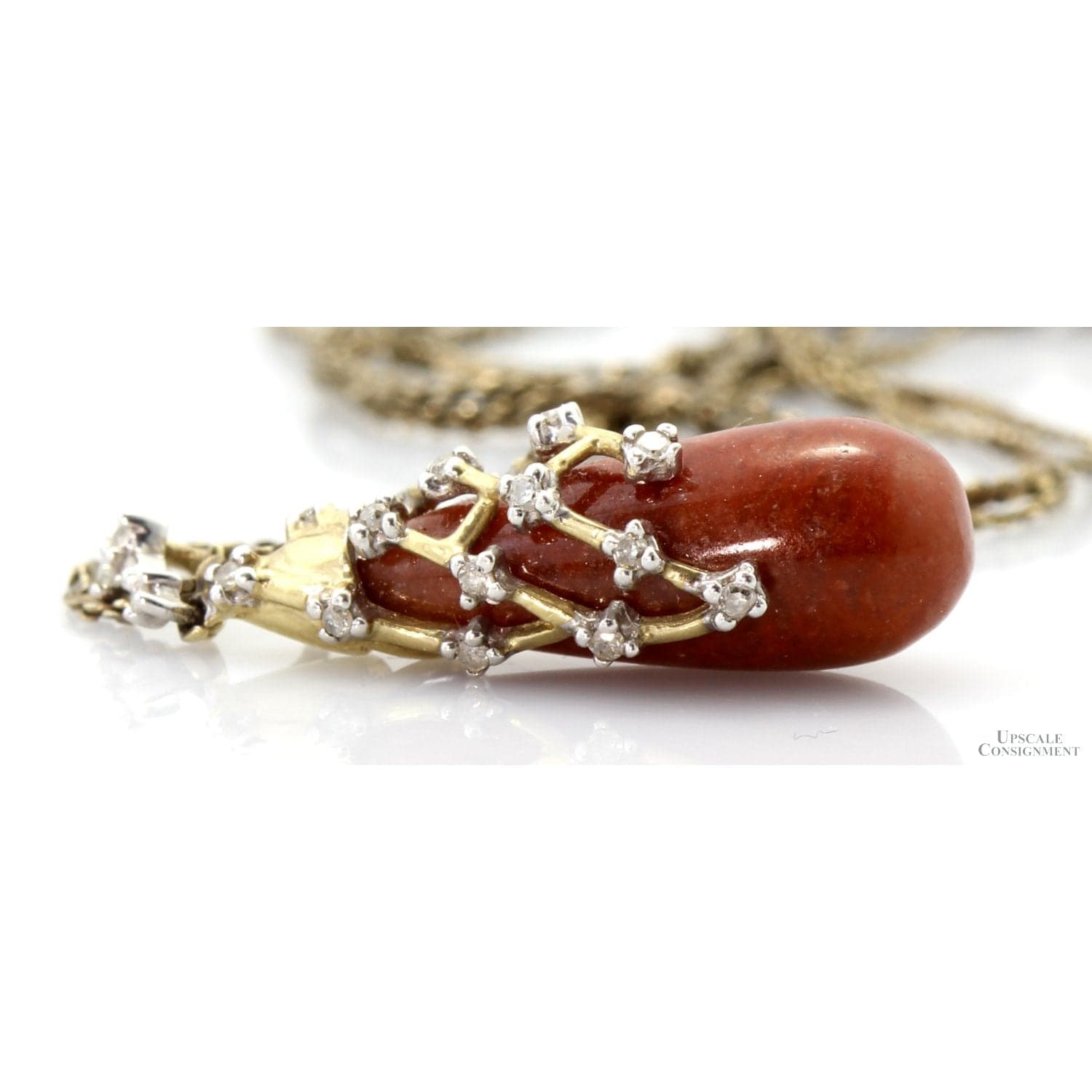 10K Gold Diamond-Accented Reddish-Orange Gemstone Pendant Necklace - 20 in - Thumbnail 2