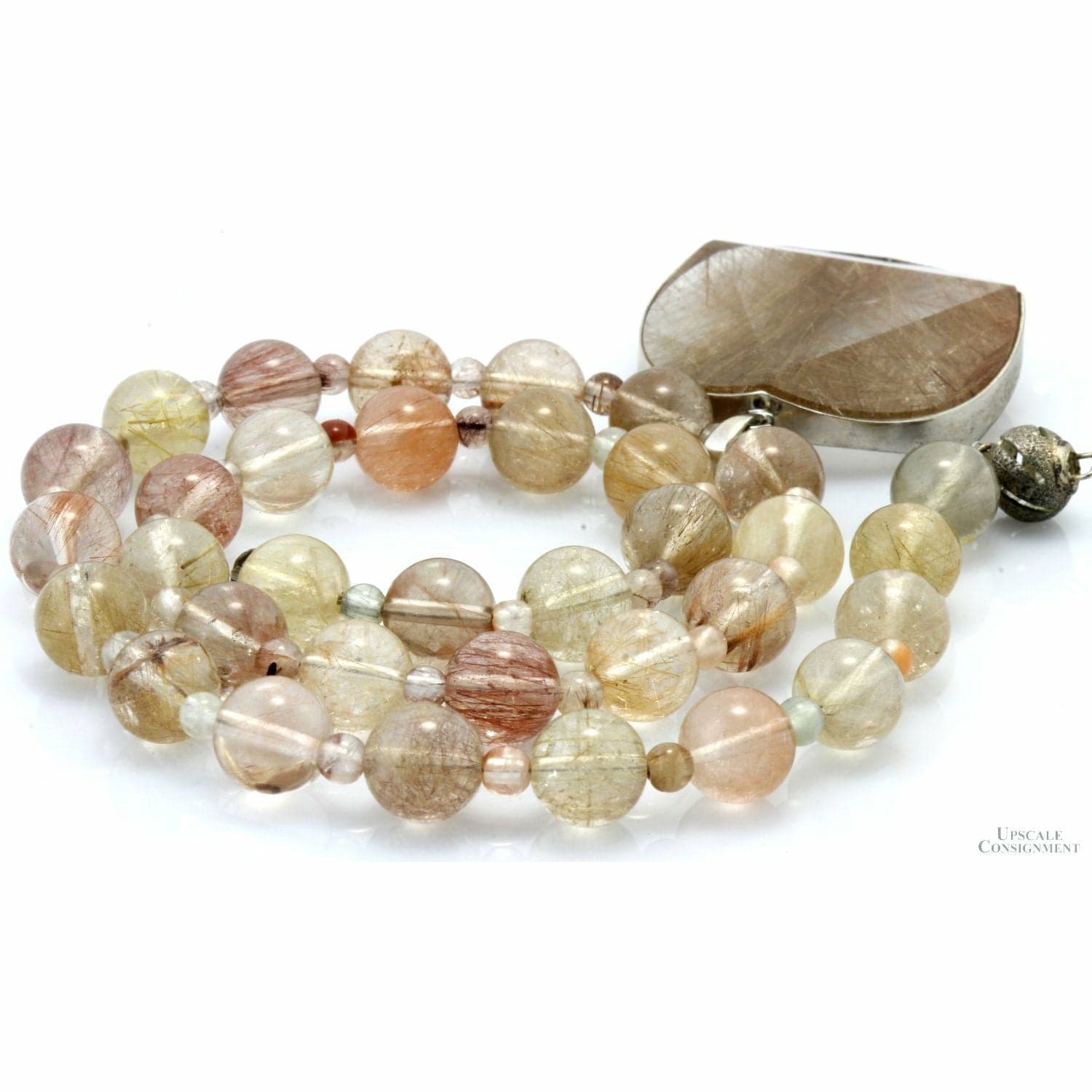 Natural Rutilated Quartz Beaded Necklace with Sterling Silver Rutilated Quartz Pendant - 17"-18" - Thumbnail 4
