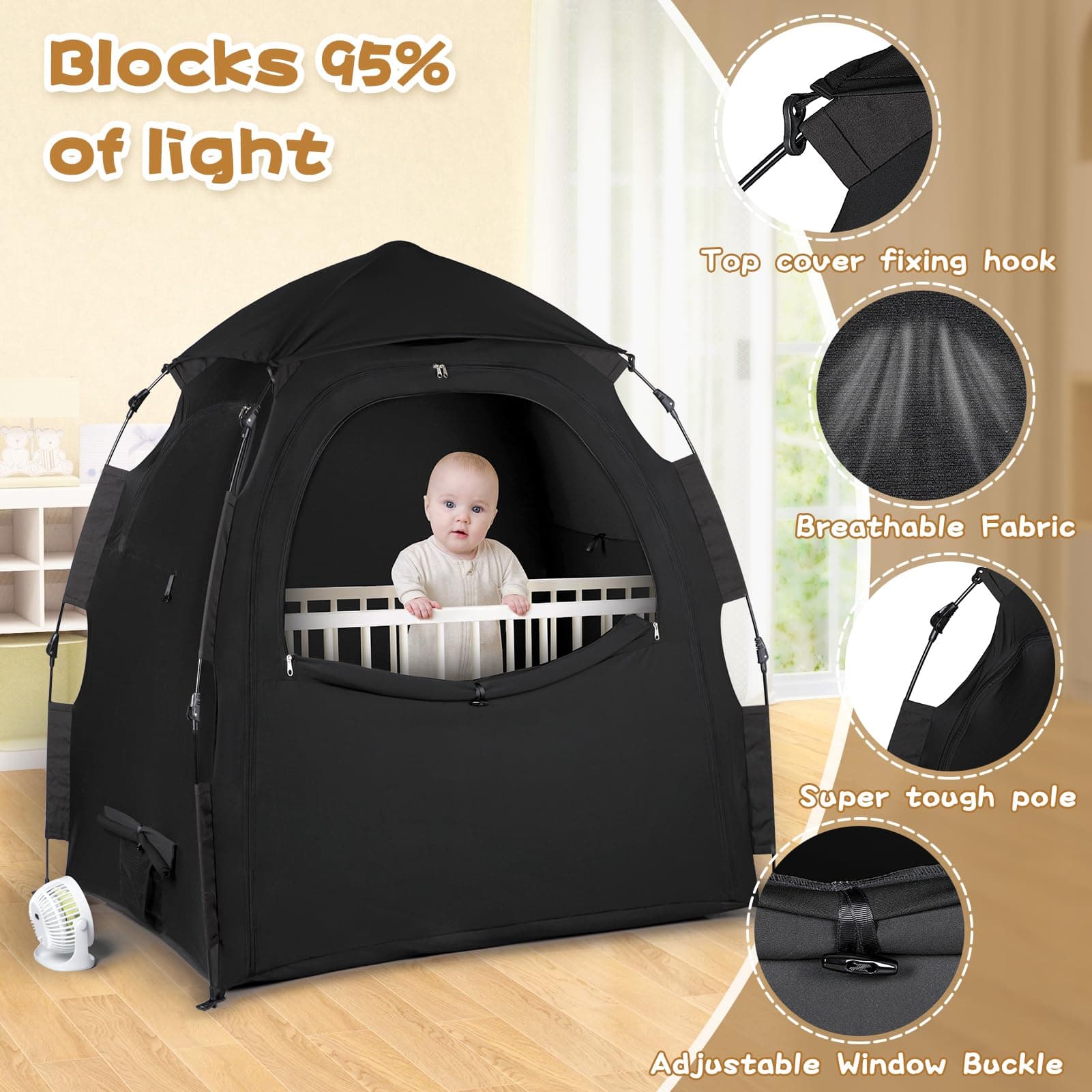 Pack N Play Blackout Cover Sleep Pod - Baby Sleep Tent 1-Click Set Up Portable, Crib Blackout Canopy Cover Block 95% Light Suitable for Babies and Toddlers - Thumbnail 3
