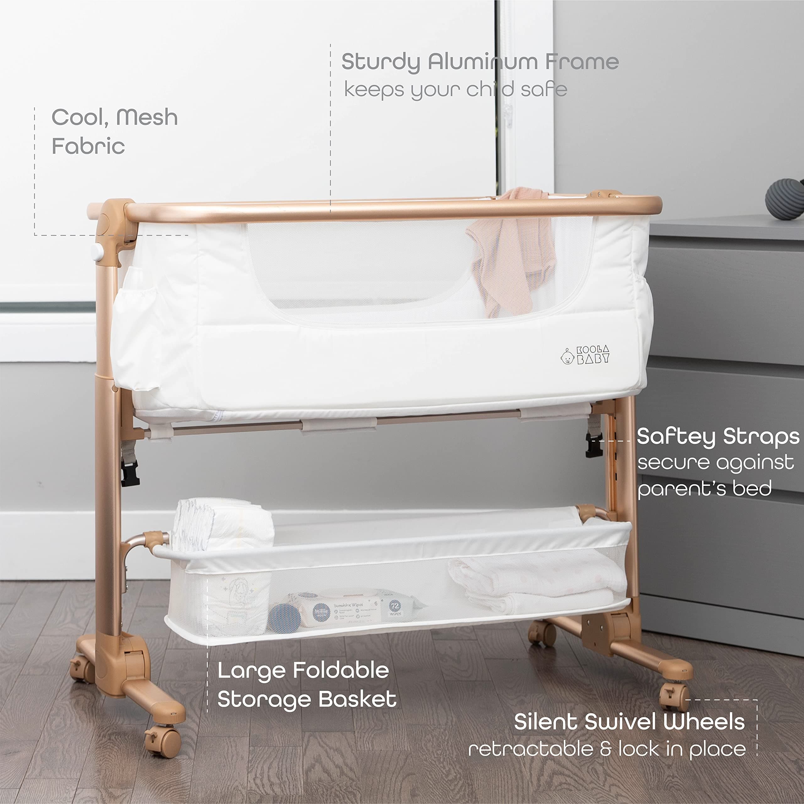 Koala Baby Bassinet with Mesh Fabric and Storage BasketKoolerThings Baby Bassinet, Bedside Sleeper for Baby, Easy Folding Portable Crib with Storage Basket for Newborn, Bedside Bassinet, Comfy Mattress/Travel Bag Included (Bassinet) (White & Gold) - Thumbnail 2