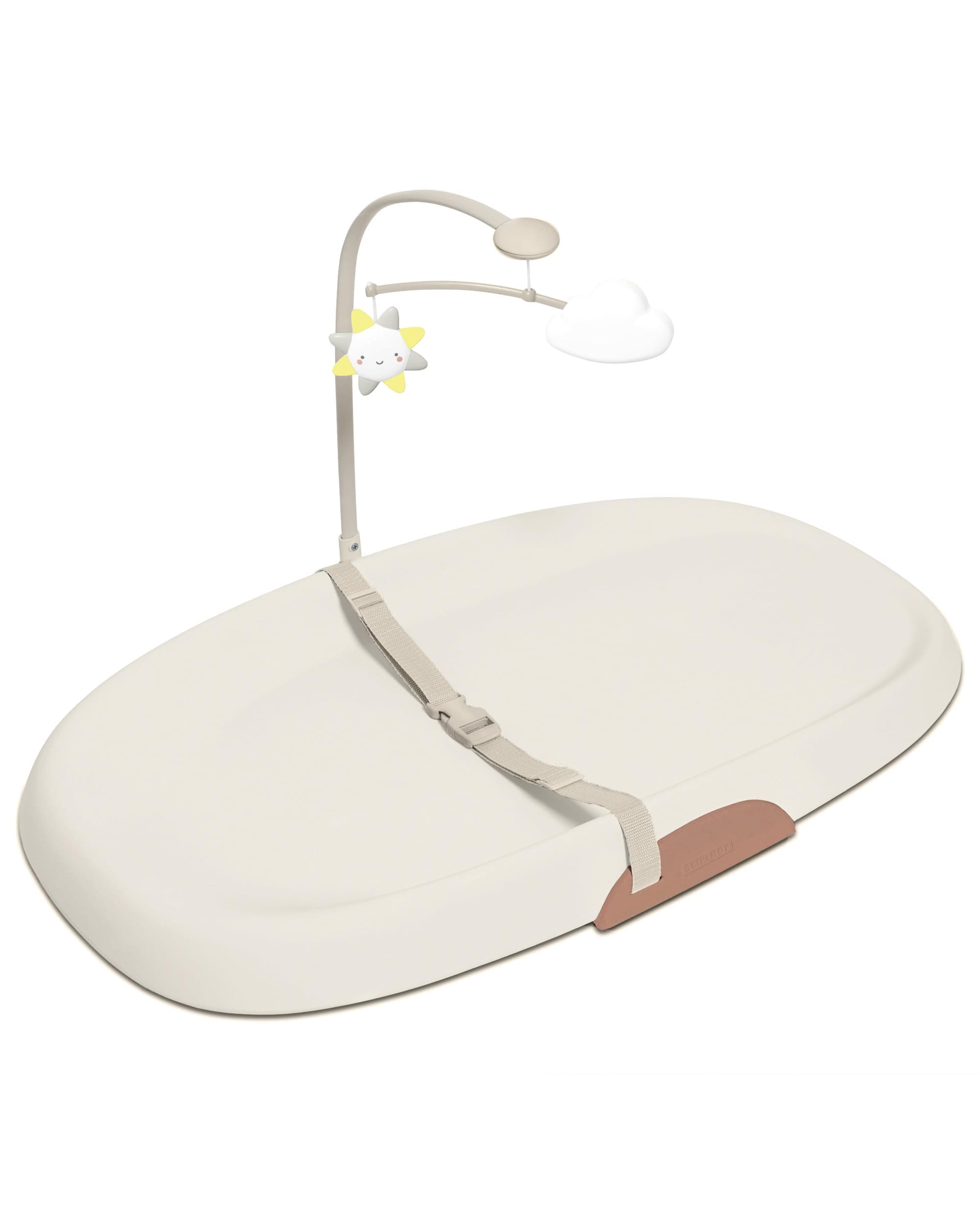 Skip Hop Baby Changing Pad Nursery Style Wipe-Clean Contoured with Cushioned Foam, Non-Skid Base, Built-in Safety Belt & Tuck-Away Toy Bar, Oat - Thumbnail 2