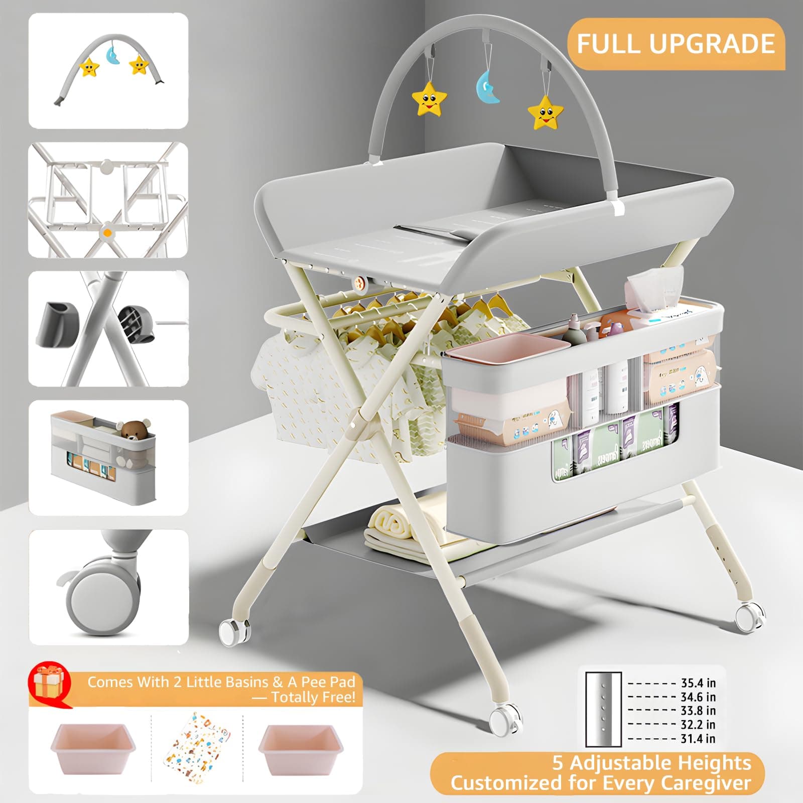 Changing Table, Portable Baby Changing Table with Wheels, Upgraded Foldable Diaper Changing Station with 5-Level Adjustable Height & Large Nursery Organizer Storage for Newborn Infant - Thumbnail 2