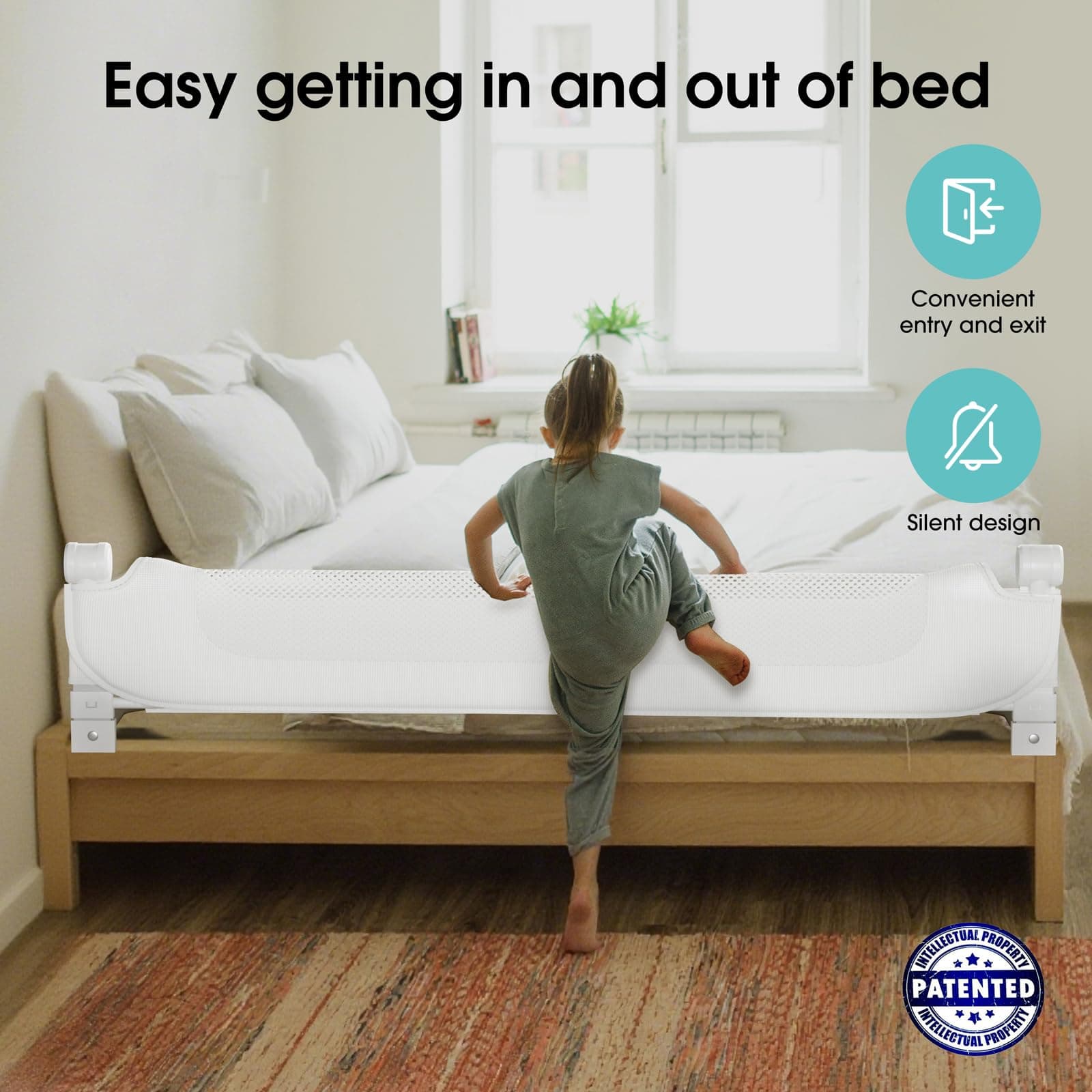 NUTIKAS Baby Bed Rail Guard for Toddlers - 78" Toddler Bed Rails for Twin, Full, Queen, King Bunk Size Bed Swing Down Bedrail Extral Tall Child Safety Side Railing Guards for Kids White - Thumbnail 2