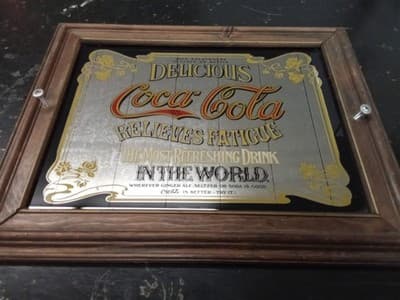 Vintage Delicious Coca Cola Relieves Fatigue Art Nouveau Wood Framed Bar Mirror - Thumbnail 2