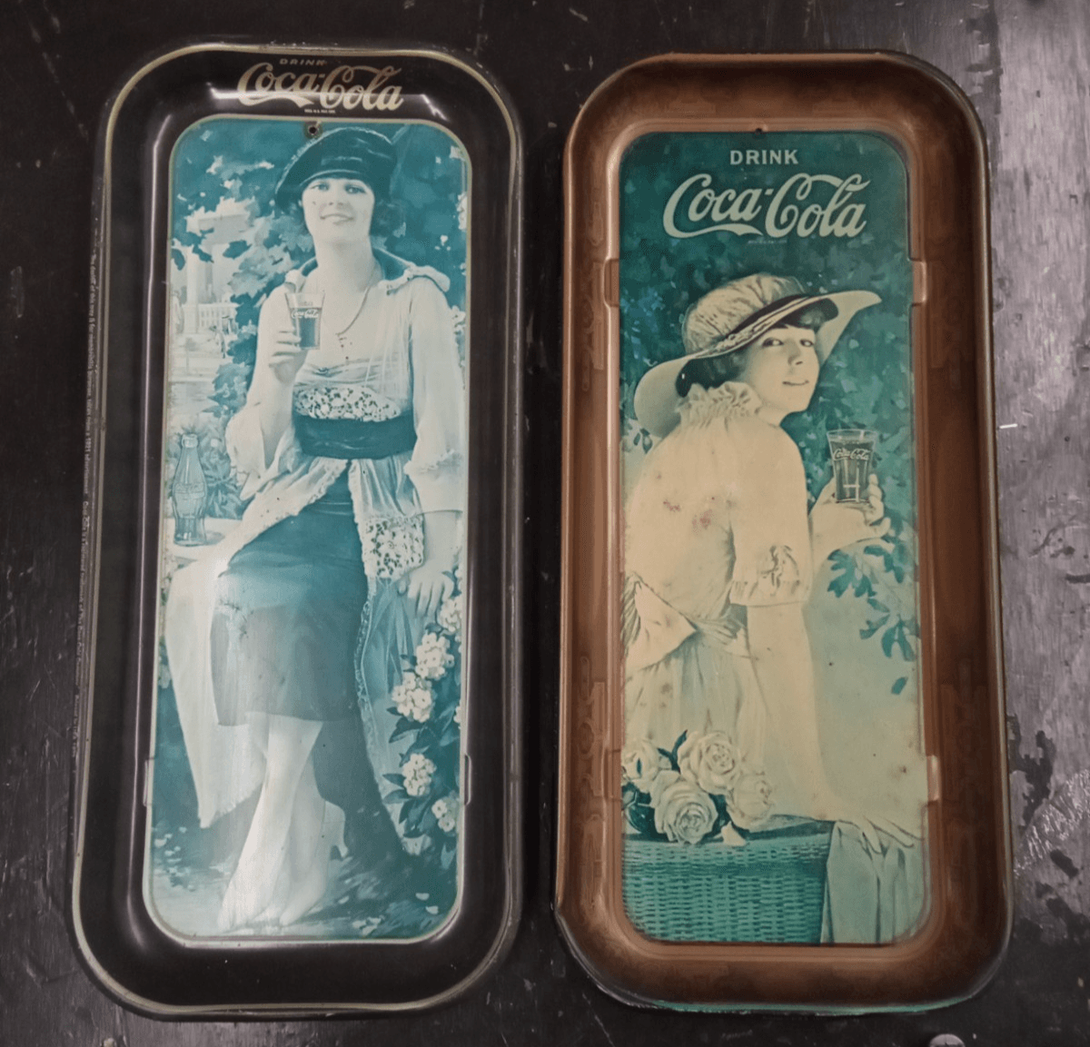 Set of 2 Vintage 1970s Coca-Cola Girls 19" Tin Rectangular Serving Bar Trays