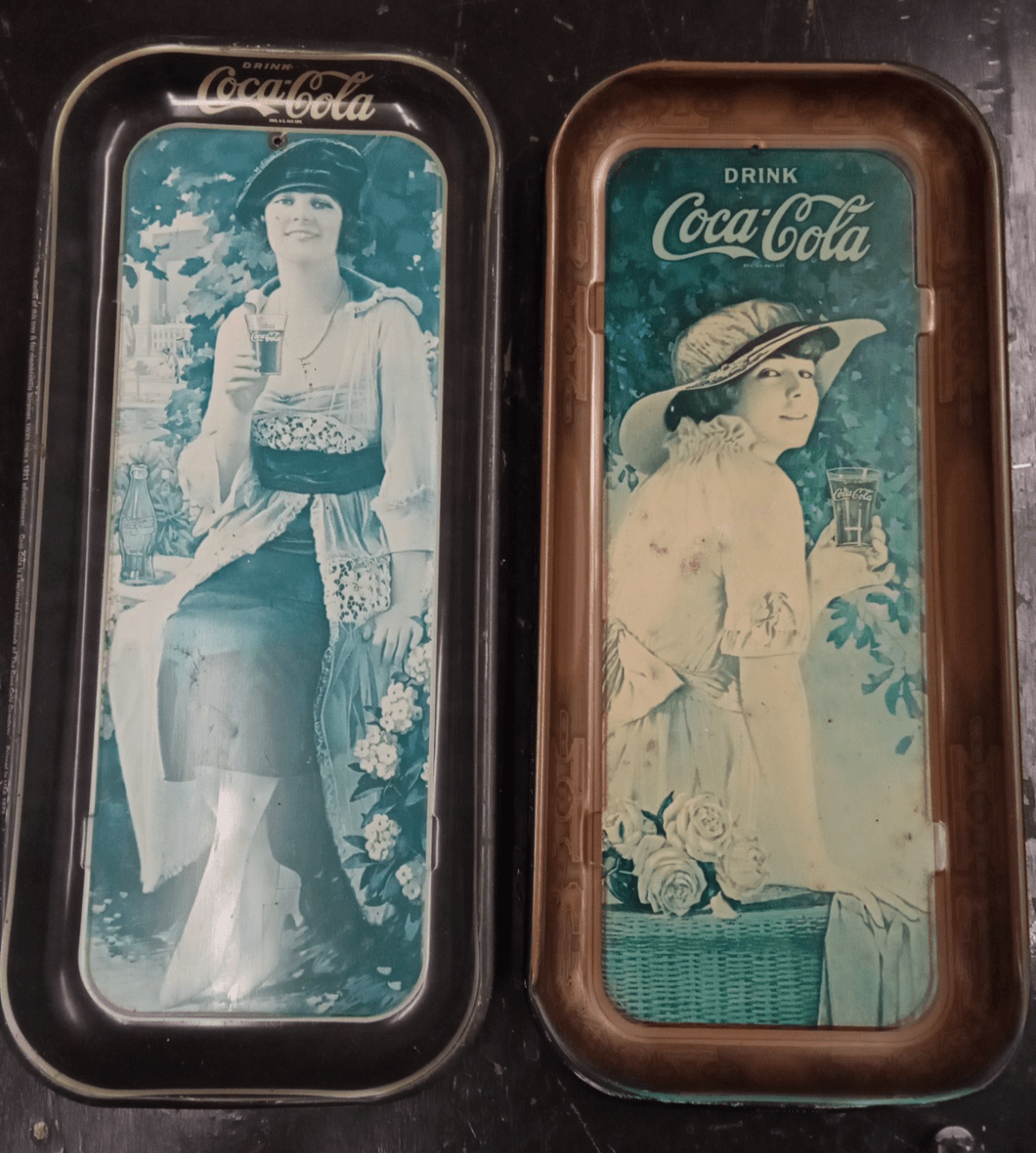 Set of 2 Vintage 1970s Coca-Cola Girls 19" Tin Rectangular Serving Bar Trays - Thumbnail 2