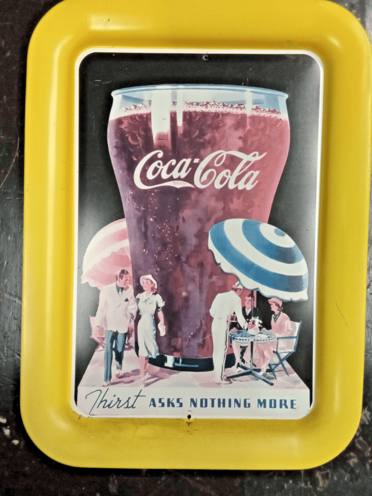 set of 2 Coca Cola Metal Trays Thirst Asks Nothing More Yellow 1992 Vintage - Thumbnail 2