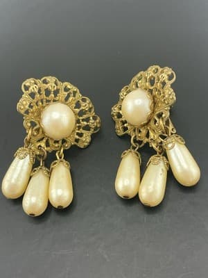 Miriam Haskell Pearl Earrings VTG Clip Russian Gold Tone Dangle Drop Clip Screw - Thumbnail 2