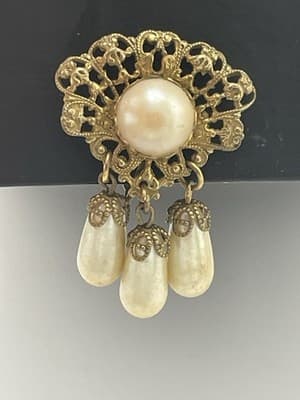 Miriam Haskell Pearl Earrings VTG Clip Russian Gold Tone Dangle Drop Clip Screw - Thumbnail 5
