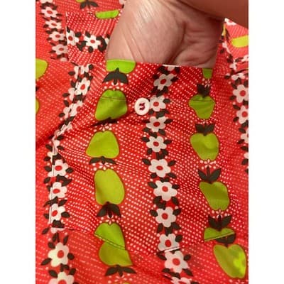 Vintage 70s Apple Flower Print Shirt Nylon Mod Novelty Band Collar Red Orange L - Thumbnail 4