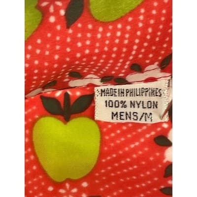 Vintage 70s Apple Flower Print Shirt Nylon Mod Novelty Band Collar Red Orange L - Thumbnail 7