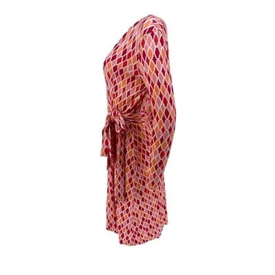 Vintage DVF Silk Wrap Dress Pink Orange Ikat Quatrefoil Print worn on Buffy sz 4 - Thumbnail 3
