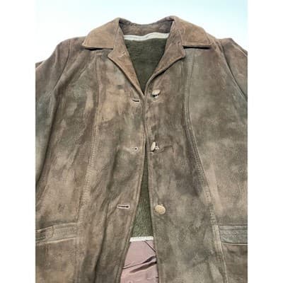 Womens Vintage Brown Suede Leather Jacket Zip Out Lining 70s M Button Up Blazer - Thumbnail 14