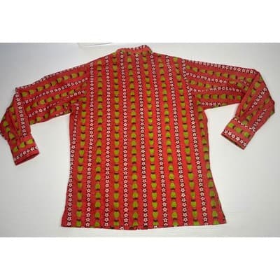 Vintage 70s Apple Flower Print Shirt Nylon Mod Novelty Band Collar Red Orange L - Thumbnail 2