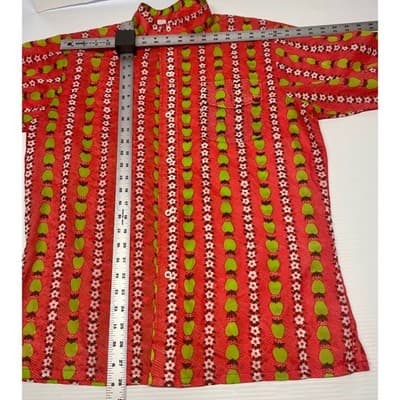 Vintage 70s Apple Flower Print Shirt Nylon Mod Novelty Band Collar Red Orange L - Thumbnail 11